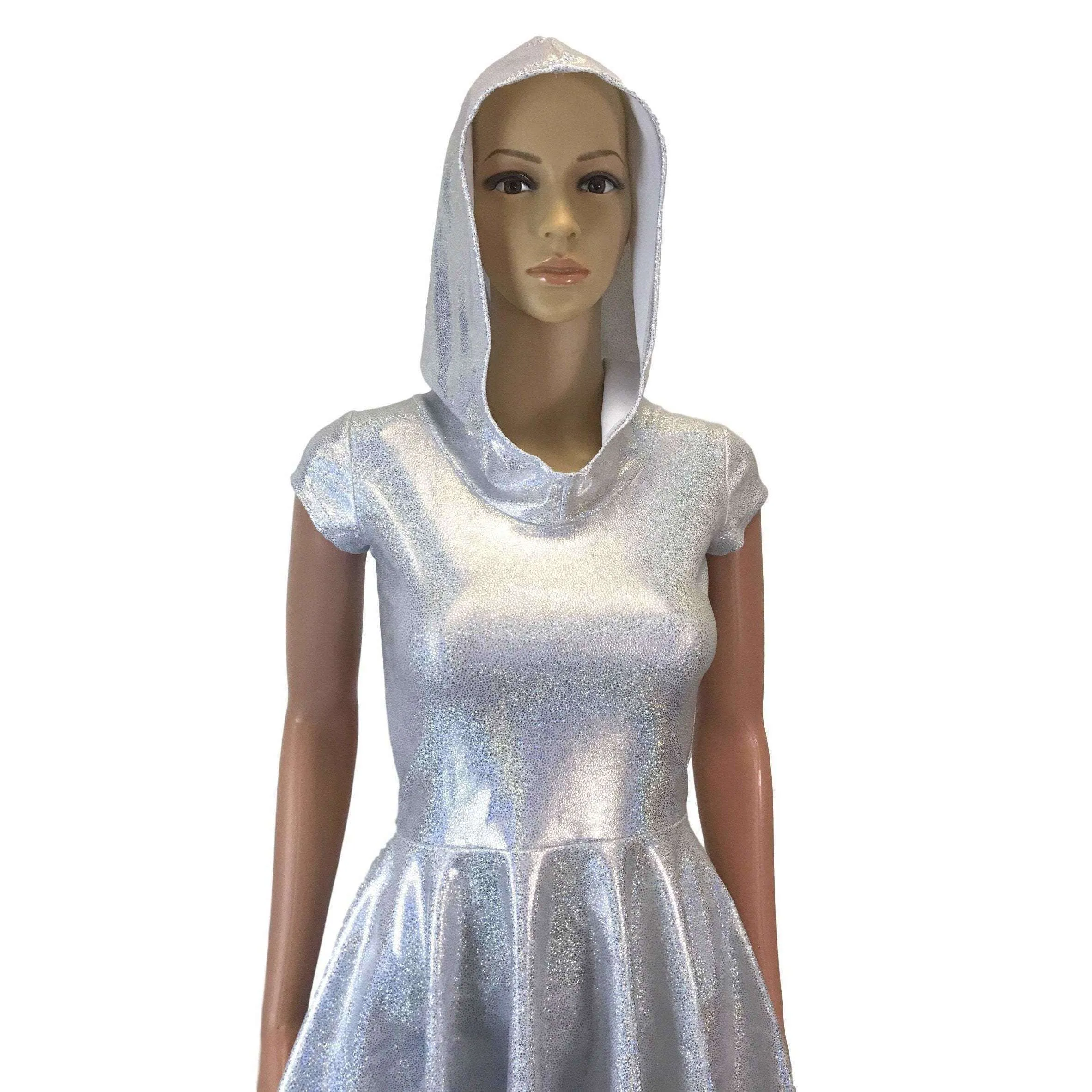 Hooded Skater Dress - Silver on White Holographic Fit n Flare Dress