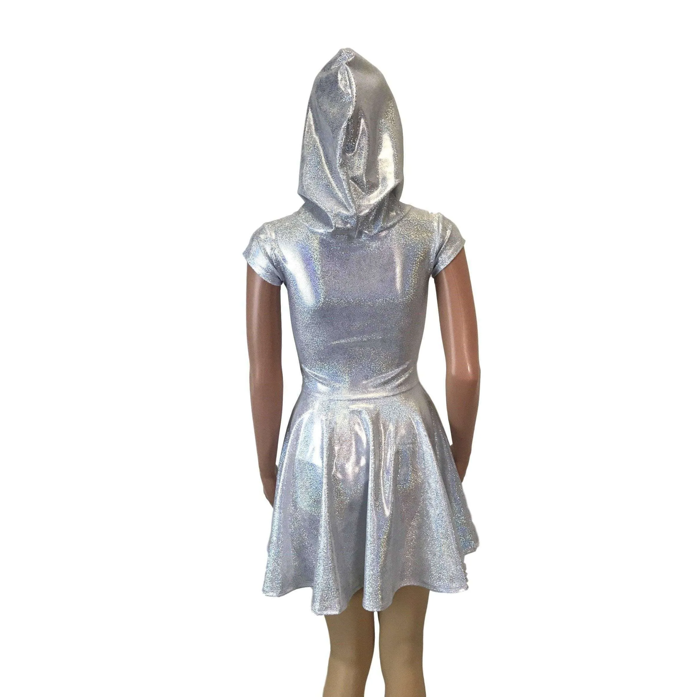 Hooded Skater Dress - Silver on White Holographic Fit n Flare Dress