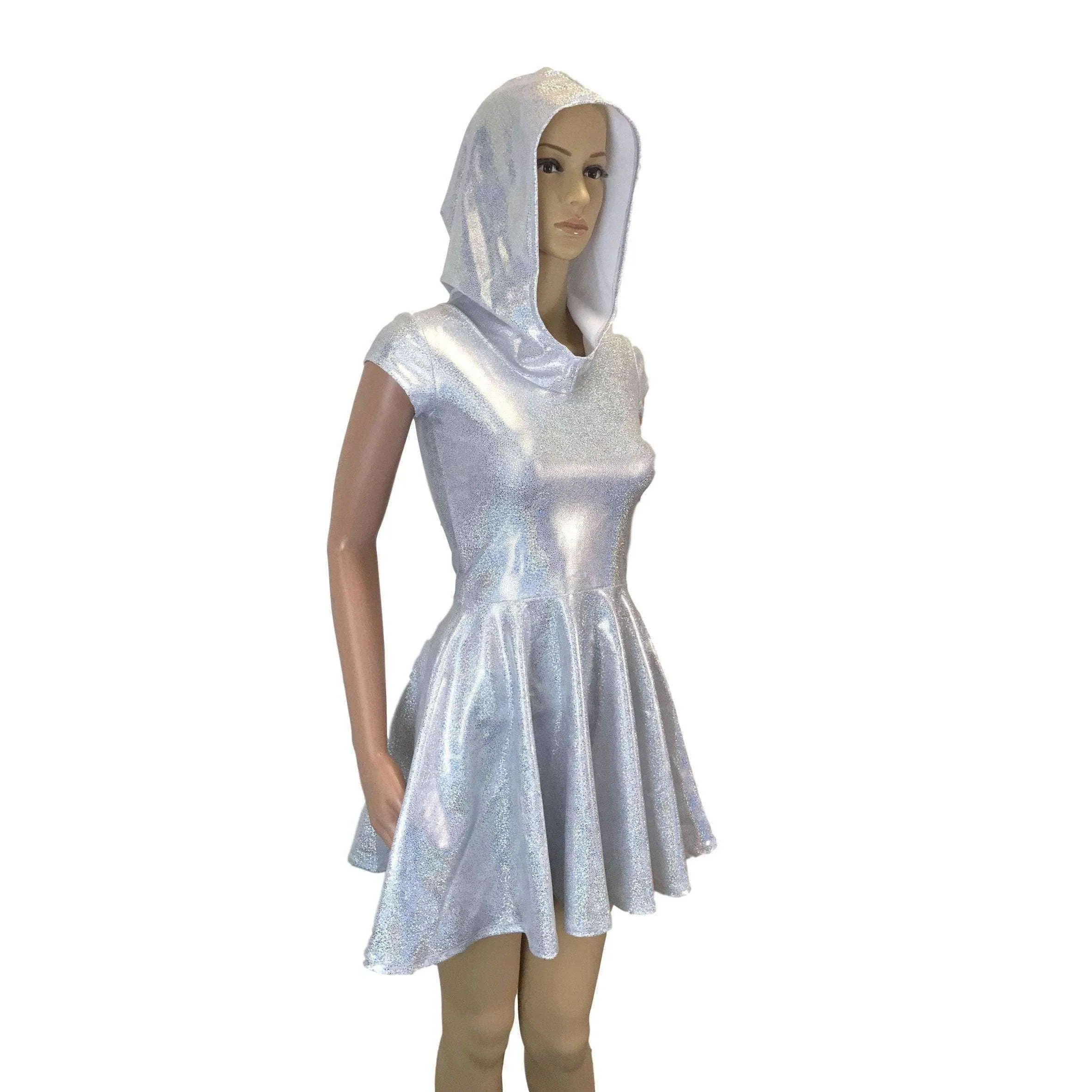 Hooded Skater Dress - Silver on White Holographic Fit n Flare Dress