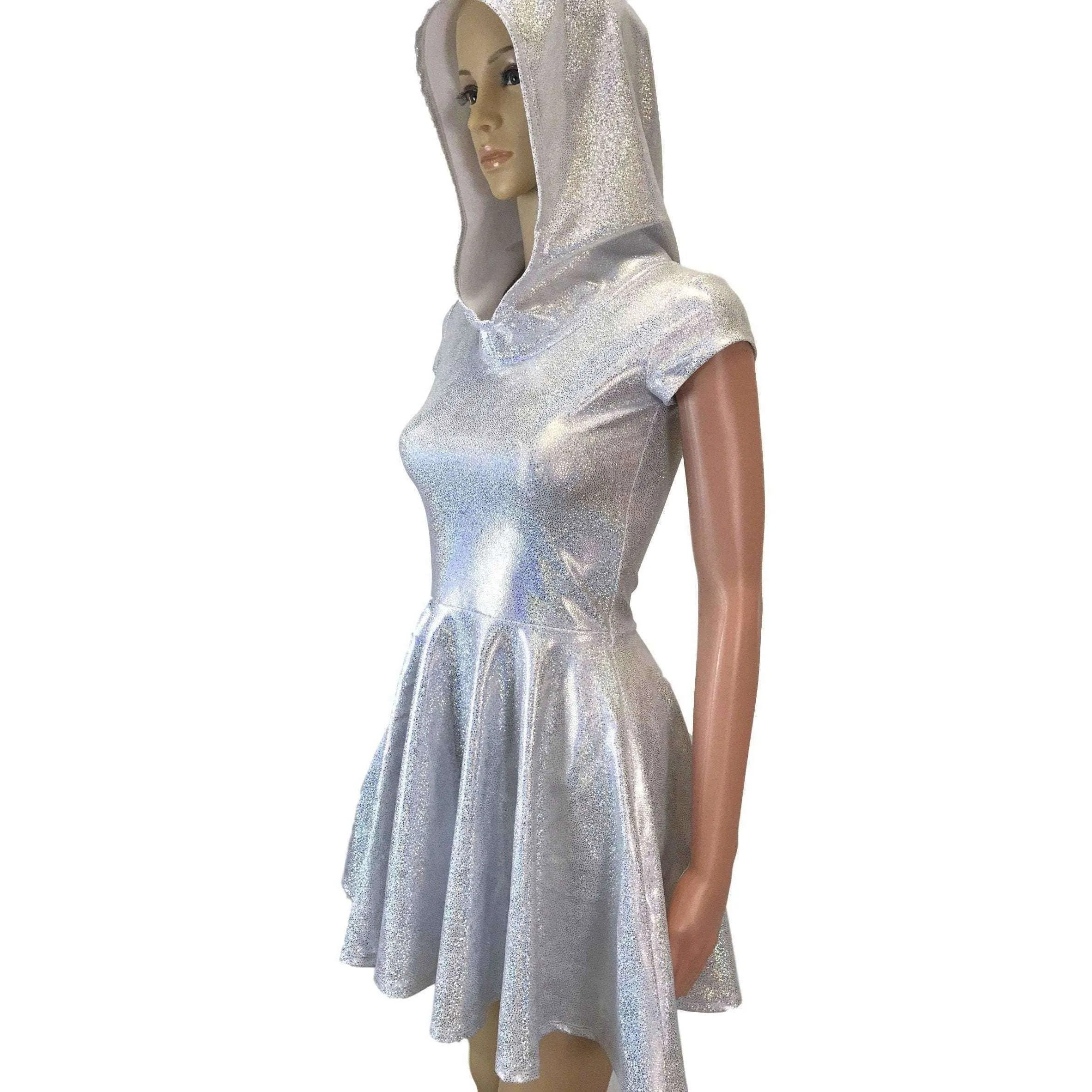 Hooded Skater Dress - Silver on White Holographic Fit n Flare Dress