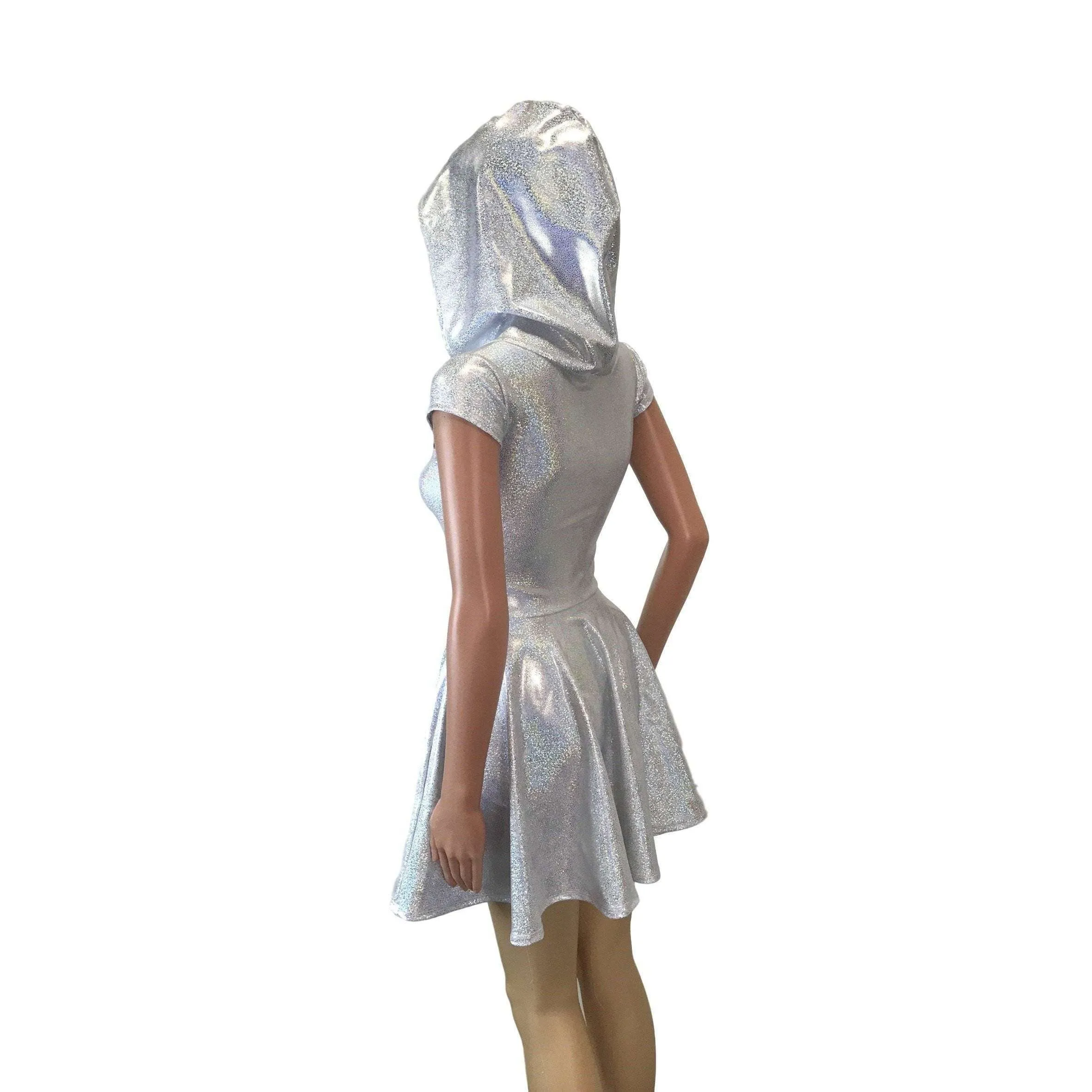 Hooded Skater Dress - Silver on White Holographic Fit n Flare Dress