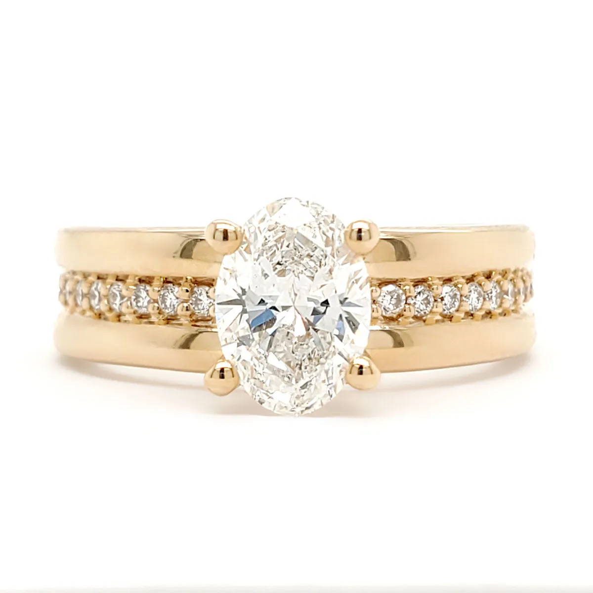 Lab-Created Oval Cut Diamond Thick Band Pave Engagement Ring in Yellow Gold, 1.16 cttw