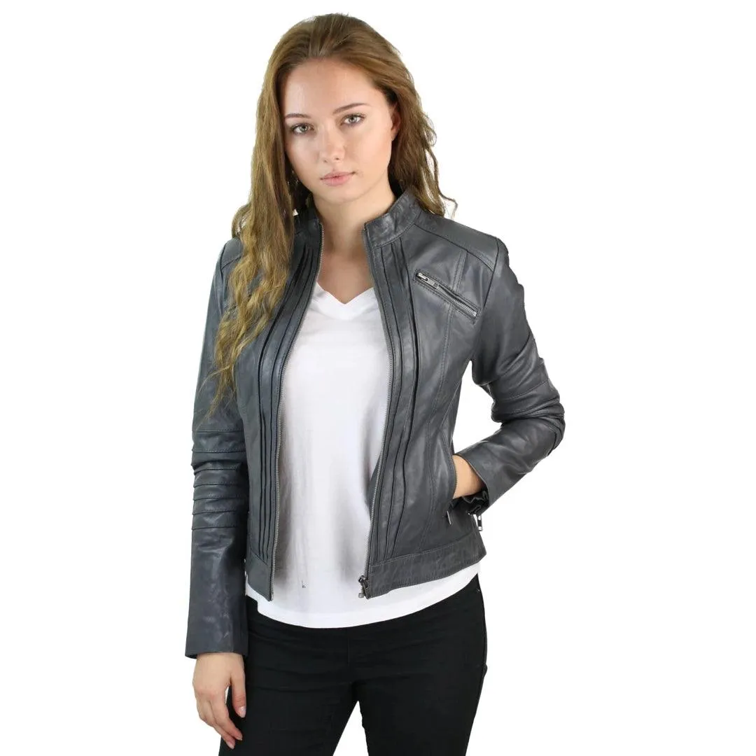 Ladies Biker Jacket Vintage Real Leather Zipped Fit Nehru Collar Japanese Style