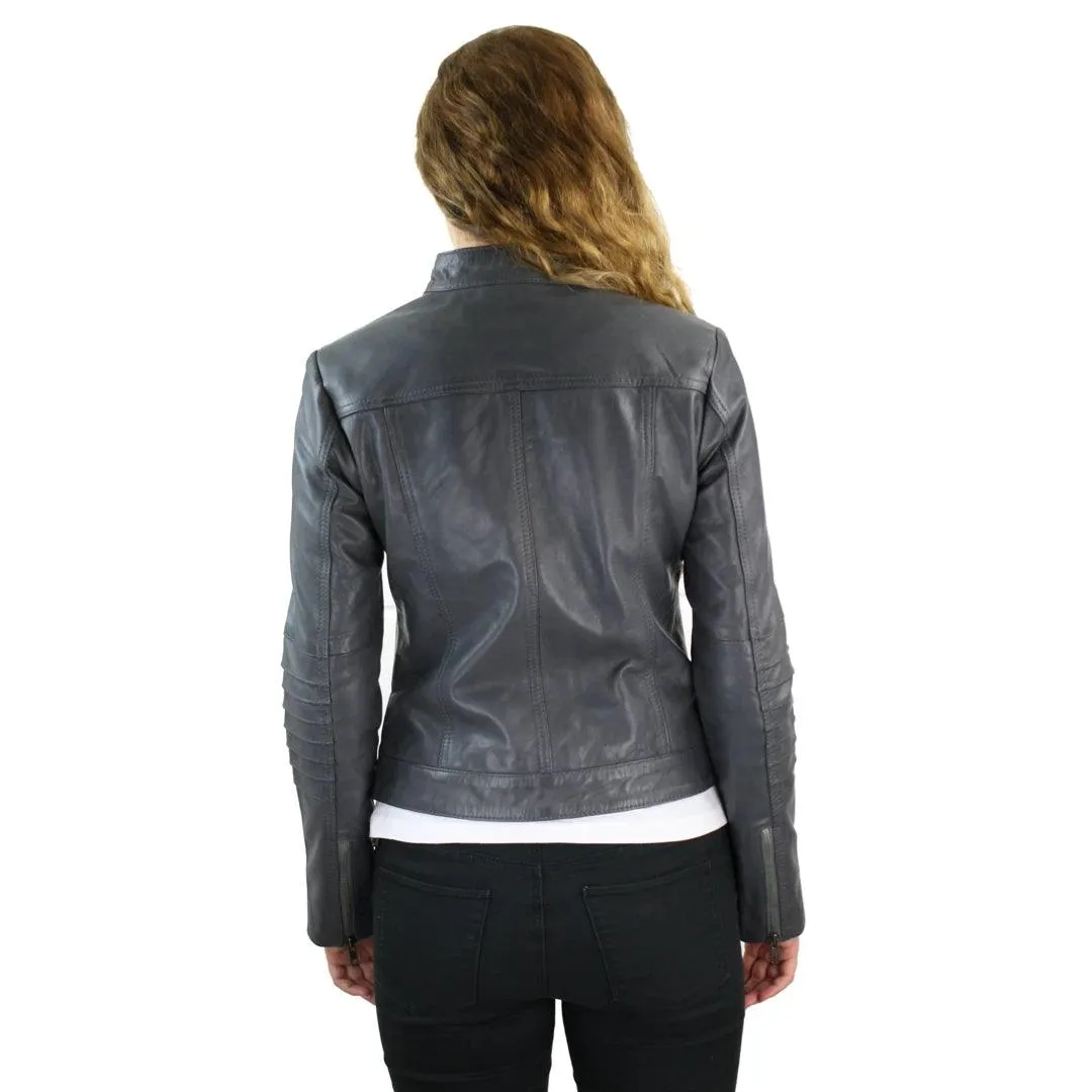 Ladies Biker Jacket Vintage Real Leather Zipped Fit Nehru Collar Japanese Style