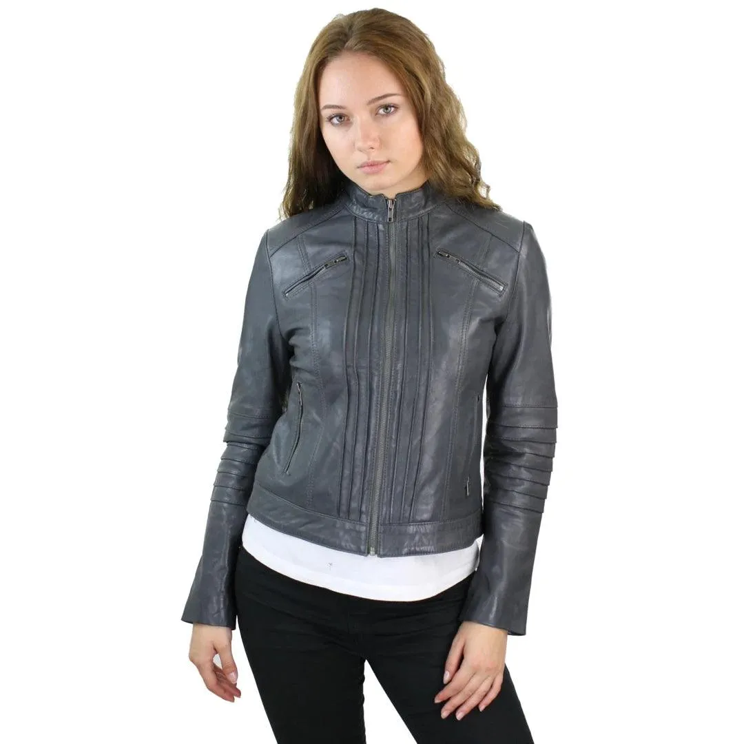 Ladies Biker Jacket Vintage Real Leather Zipped Fit Nehru Collar Japanese Style