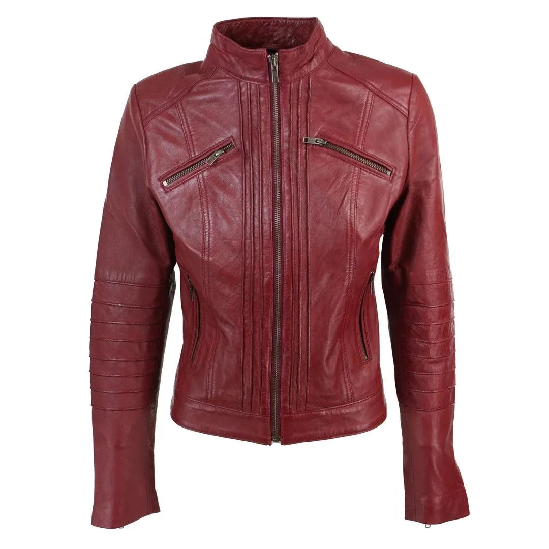 Ladies Biker Jacket Vintage Real Leather Zipped Fit Nehru Collar Japanese Style