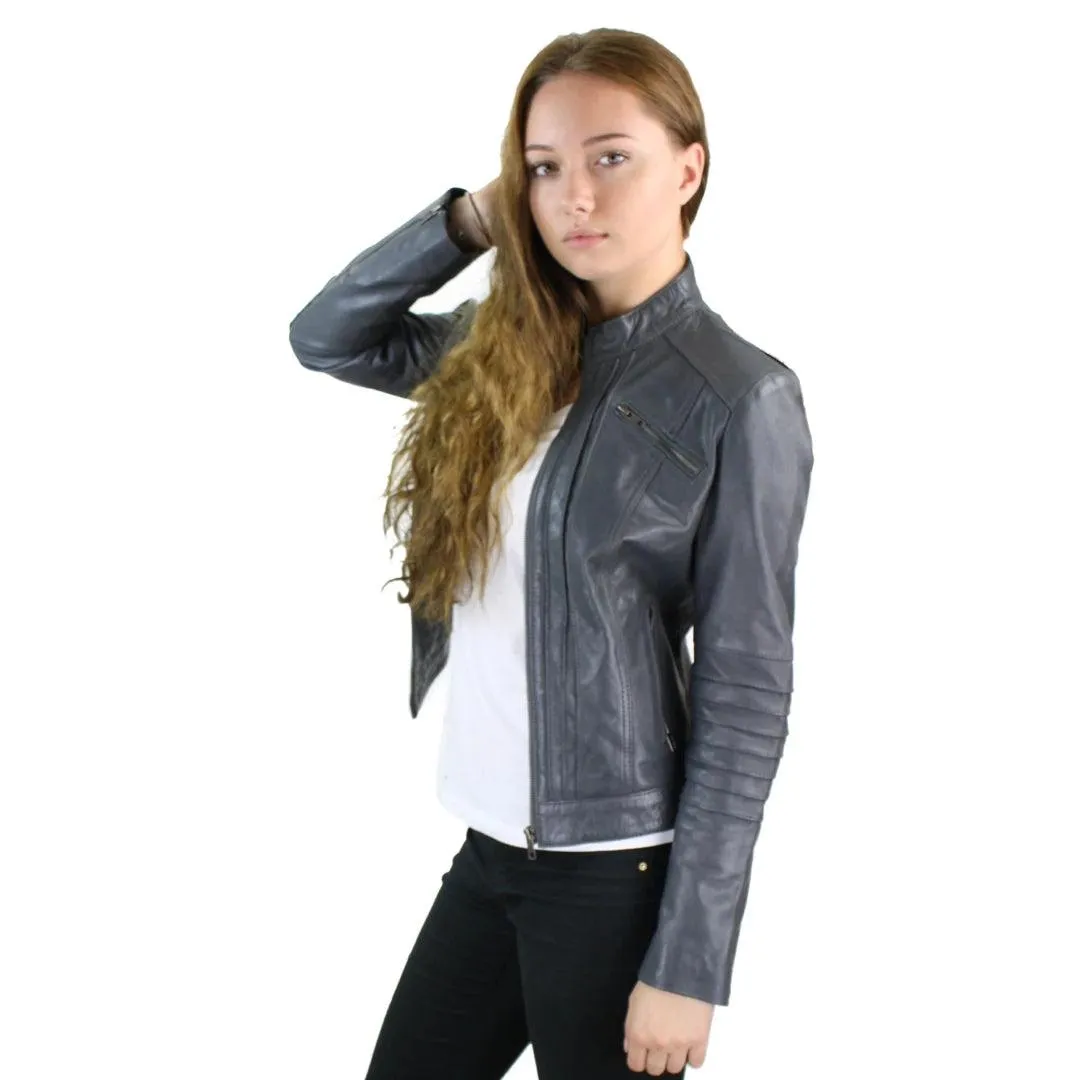 Ladies Biker Jacket Vintage Real Leather Zipped Fit Nehru Collar Japanese Style