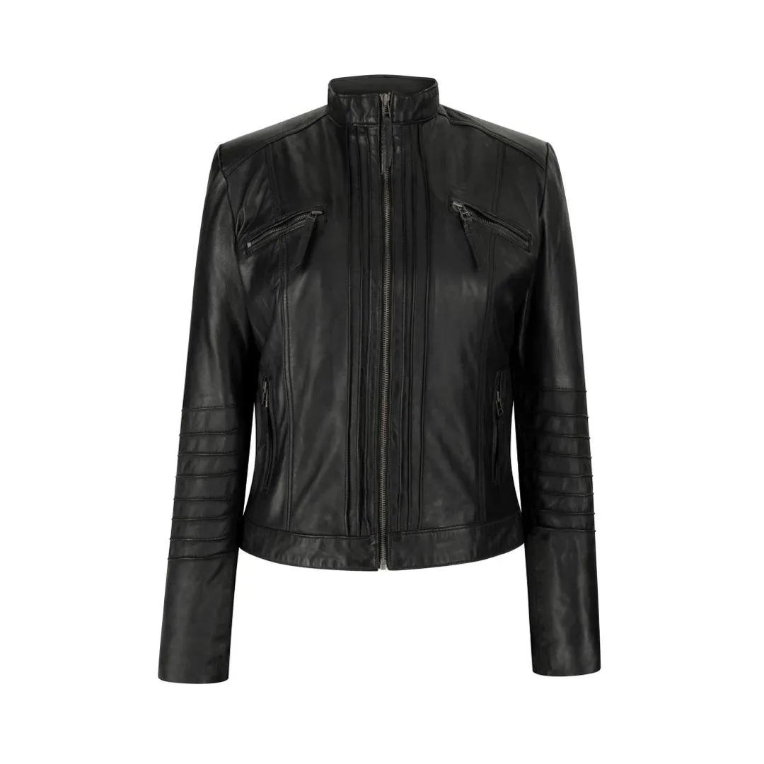 Ladies Biker Jacket Vintage Real Leather Zipped Fit Nehru Collar Japanese Style