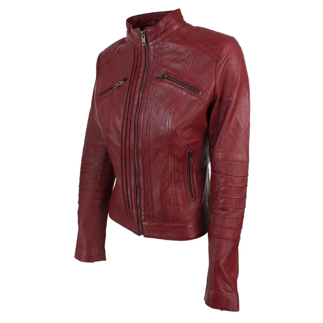 Ladies Biker Jacket Vintage Real Leather Zipped Fit Nehru Collar Japanese Style