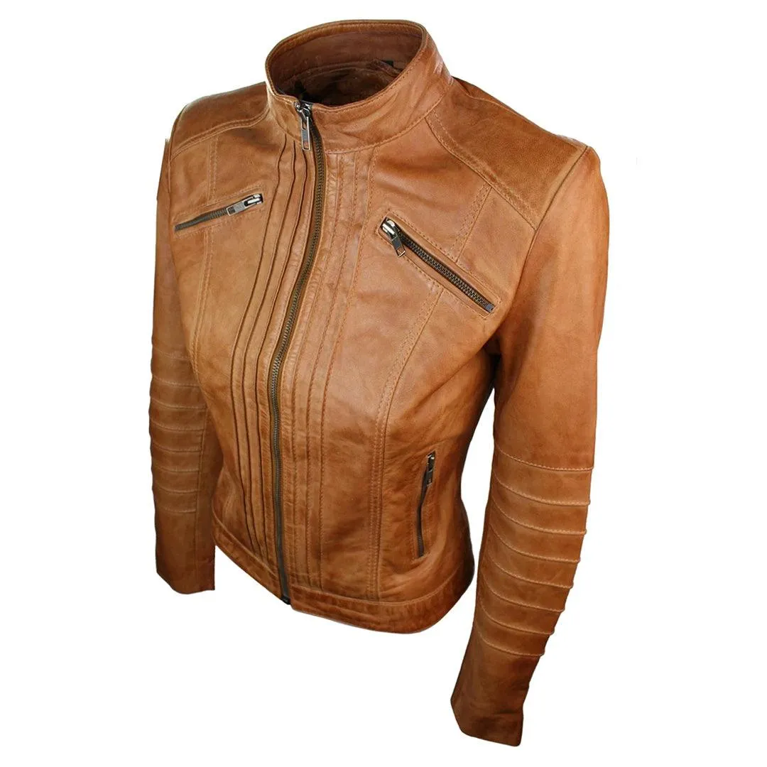 Ladies Biker Jacket Vintage Real Leather Zipped Fit Nehru Collar Japanese Style