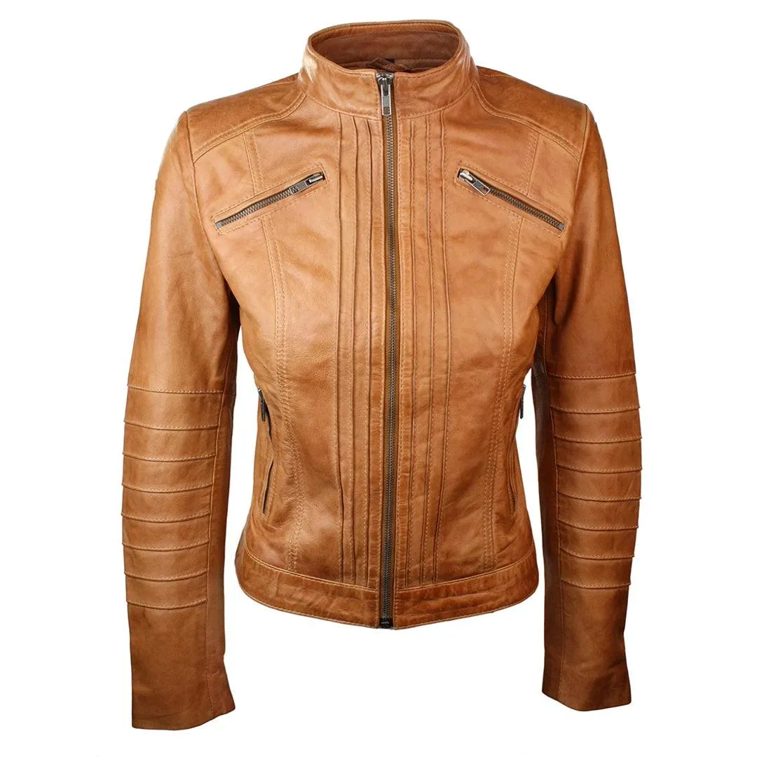 Ladies Biker Jacket Vintage Real Leather Zipped Fit Nehru Collar Japanese Style