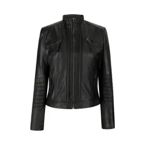 Ladies Biker Jacket Vintage Real Leather Zipped Fit Nehru Collar Japanese Style