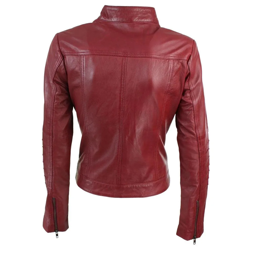 Ladies Biker Jacket Vintage Real Leather Zipped Fit Nehru Collar Japanese Style