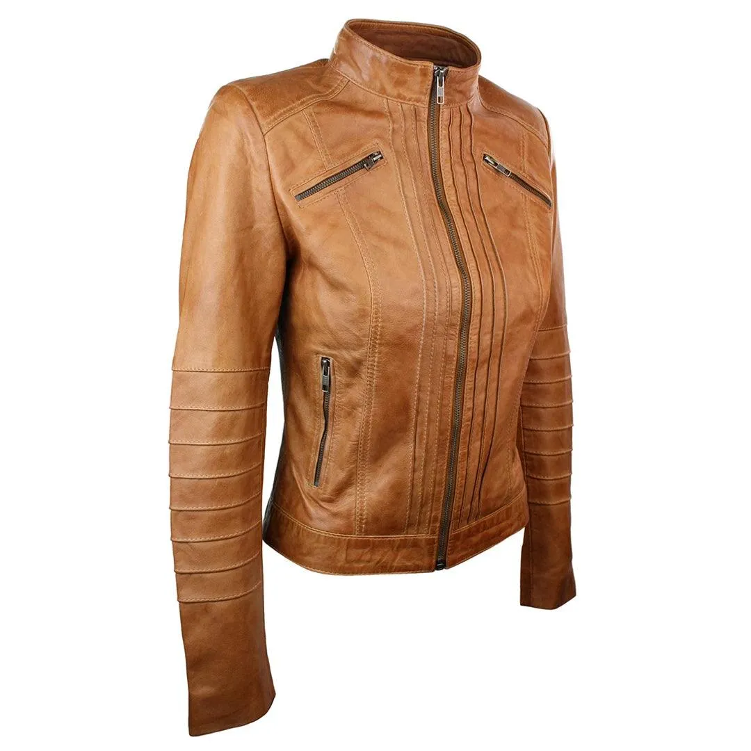 Ladies Biker Jacket Vintage Real Leather Zipped Fit Nehru Collar Japanese Style