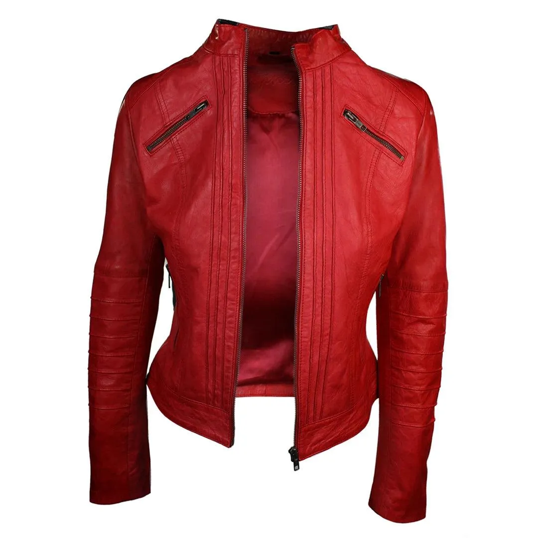 Ladies Biker Jacket Vintage Real Leather Zipped Fit Nehru Collar Japanese Style