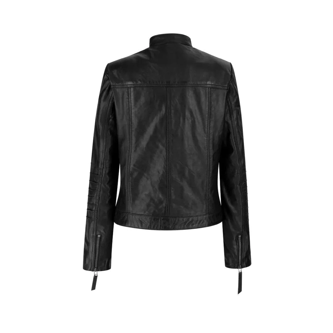 Ladies Biker Jacket Vintage Real Leather Zipped Fit Nehru Collar Japanese Style