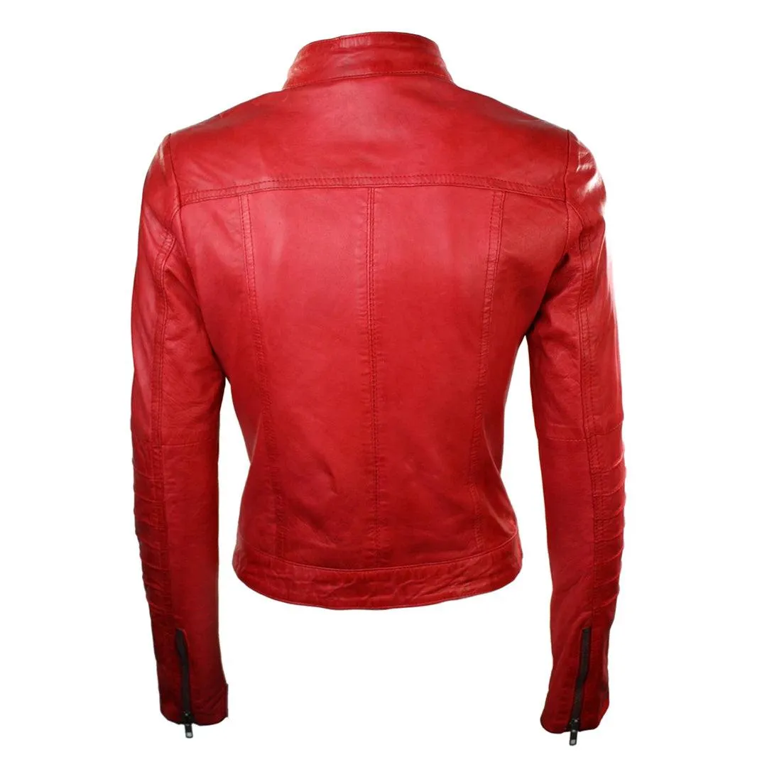 Ladies Biker Jacket Vintage Real Leather Zipped Fit Nehru Collar Japanese Style