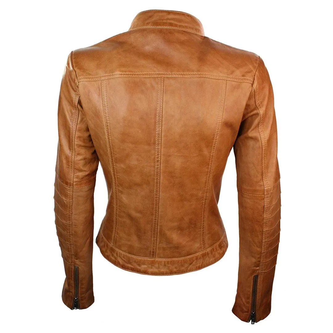 Ladies Biker Jacket Vintage Real Leather Zipped Fit Nehru Collar Japanese Style