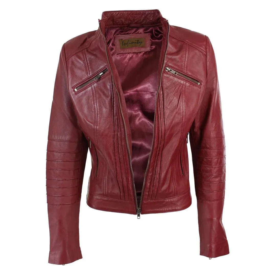 Ladies Biker Jacket Vintage Real Leather Zipped Fit Nehru Collar Japanese Style