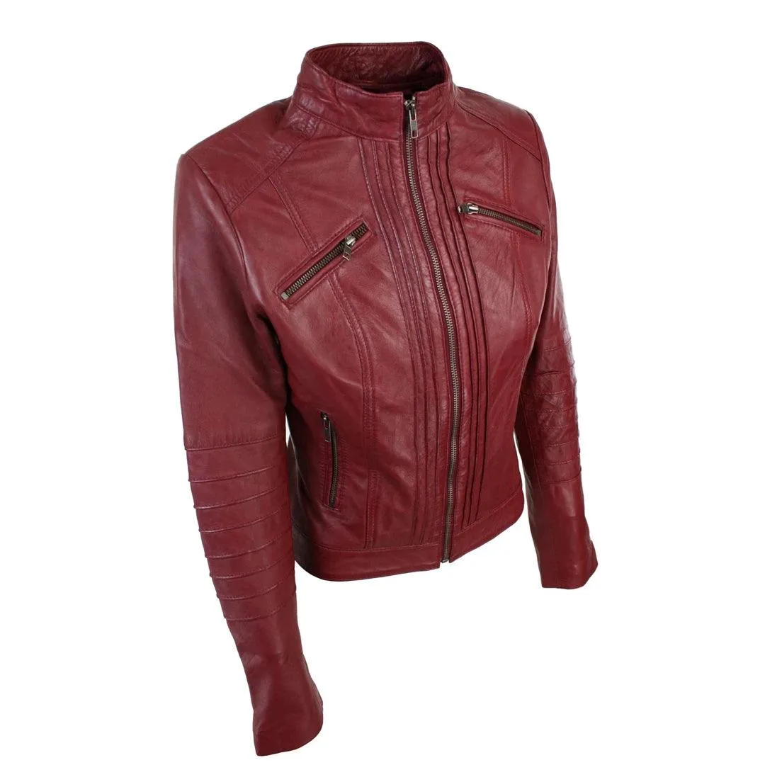 Ladies Biker Jacket Vintage Real Leather Zipped Fit Nehru Collar Japanese Style