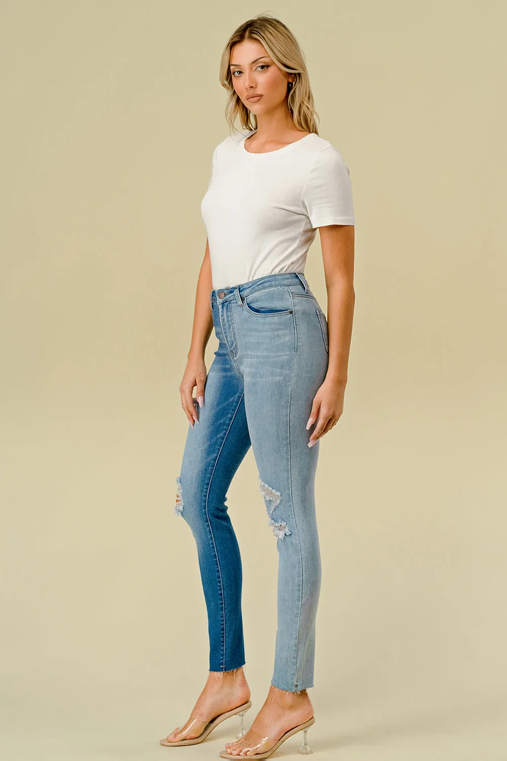 LO-213 HIGH WAISTED STRETCHY SKINNY TWO-TONE JEANS