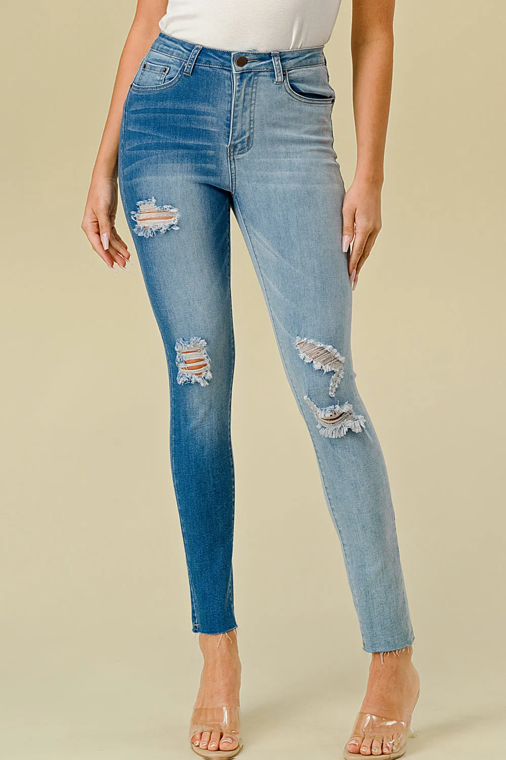 LO-213 HIGH WAISTED STRETCHY SKINNY TWO-TONE JEANS