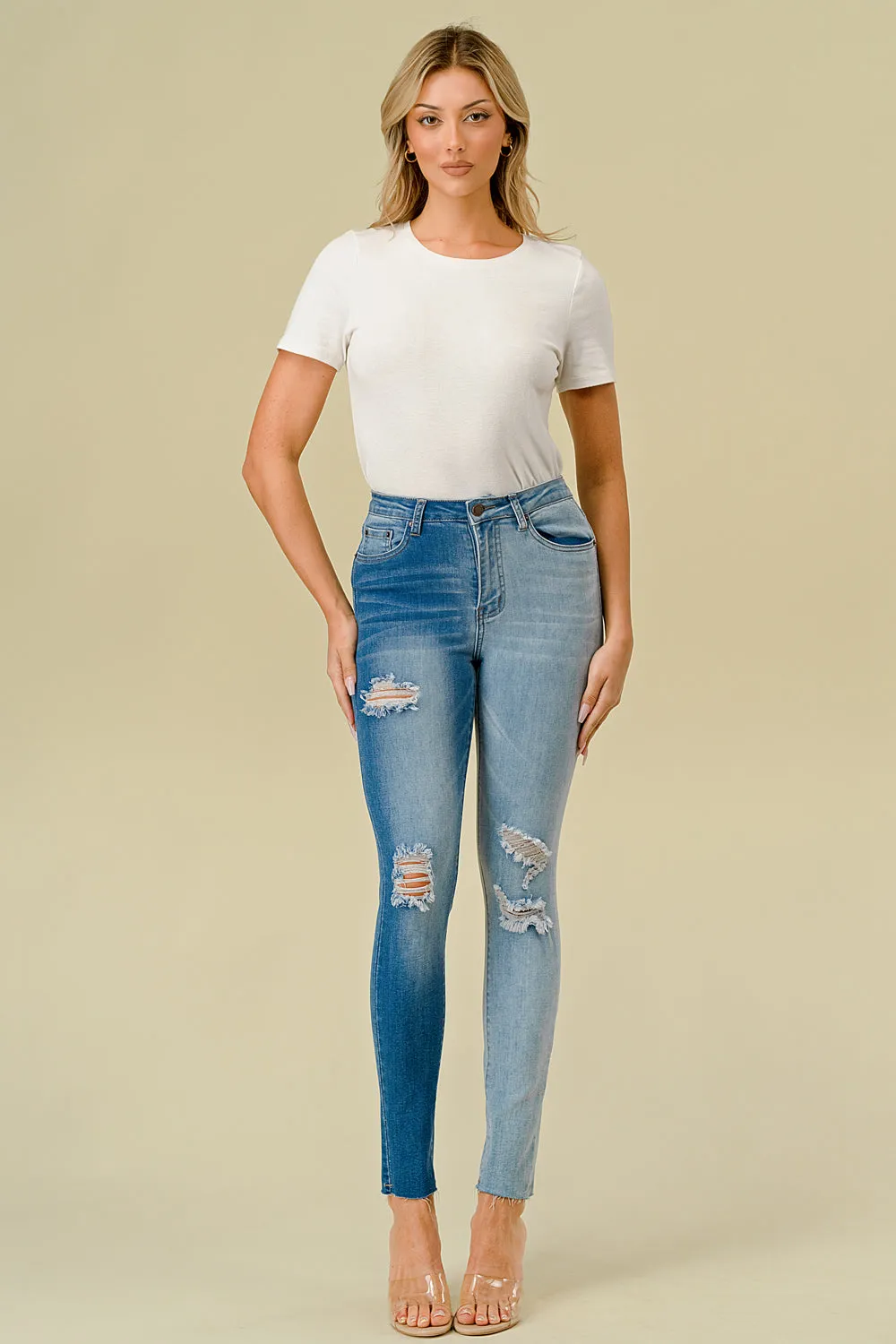 LO-213 HIGH WAISTED STRETCHY SKINNY TWO-TONE JEANS