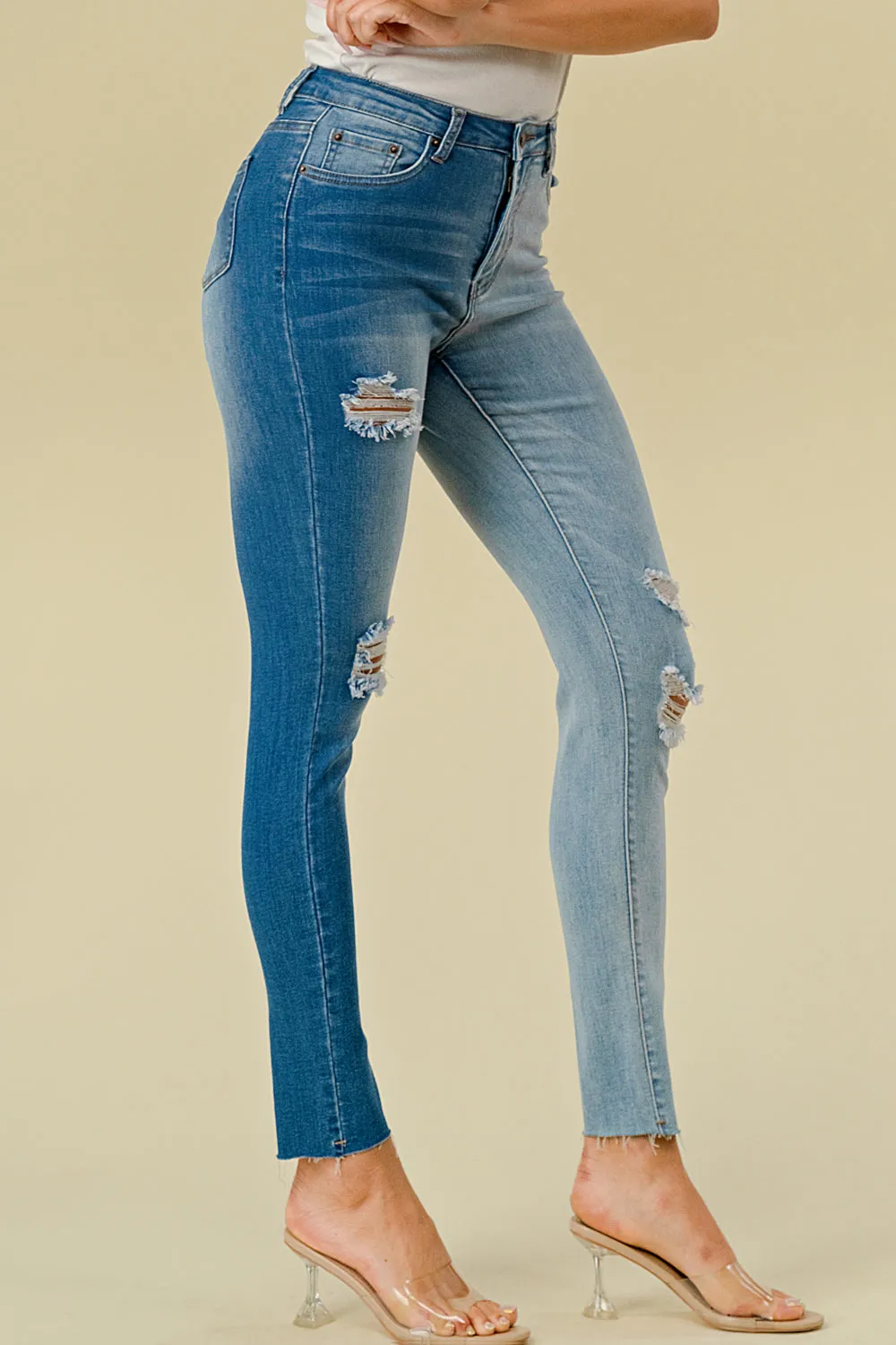 LO-213 HIGH WAISTED STRETCHY SKINNY TWO-TONE JEANS