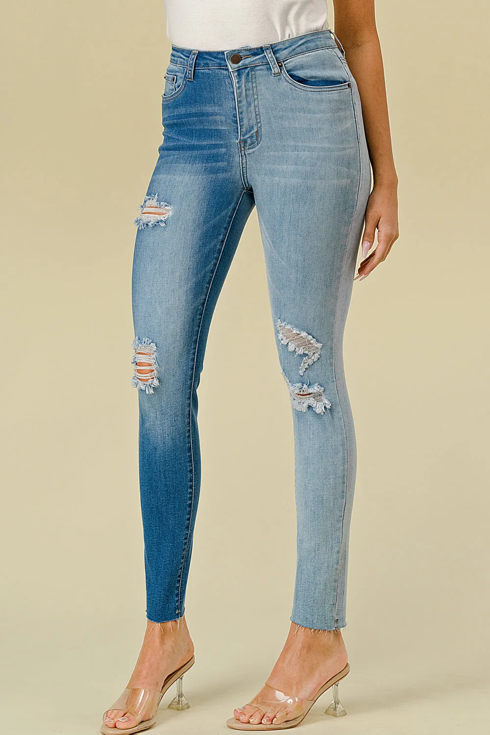 LO-213 HIGH WAISTED STRETCHY SKINNY TWO-TONE JEANS