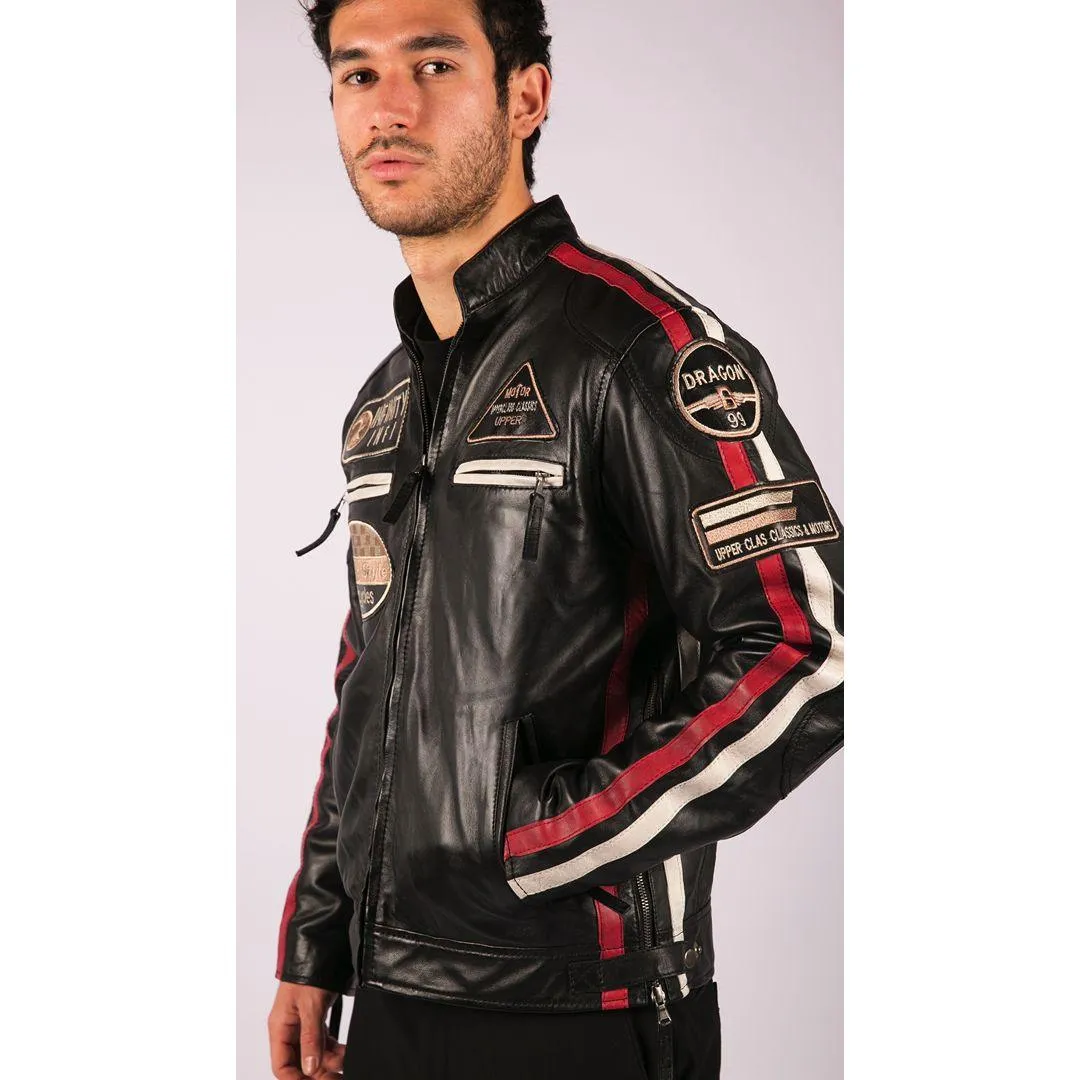 Mens Classic Retro Biker Racer Real Leather Jacket Black Zipped Casual Badge