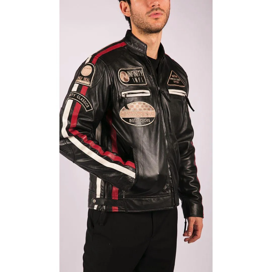 Mens Classic Retro Biker Racer Real Leather Jacket Black Zipped Casual Badge