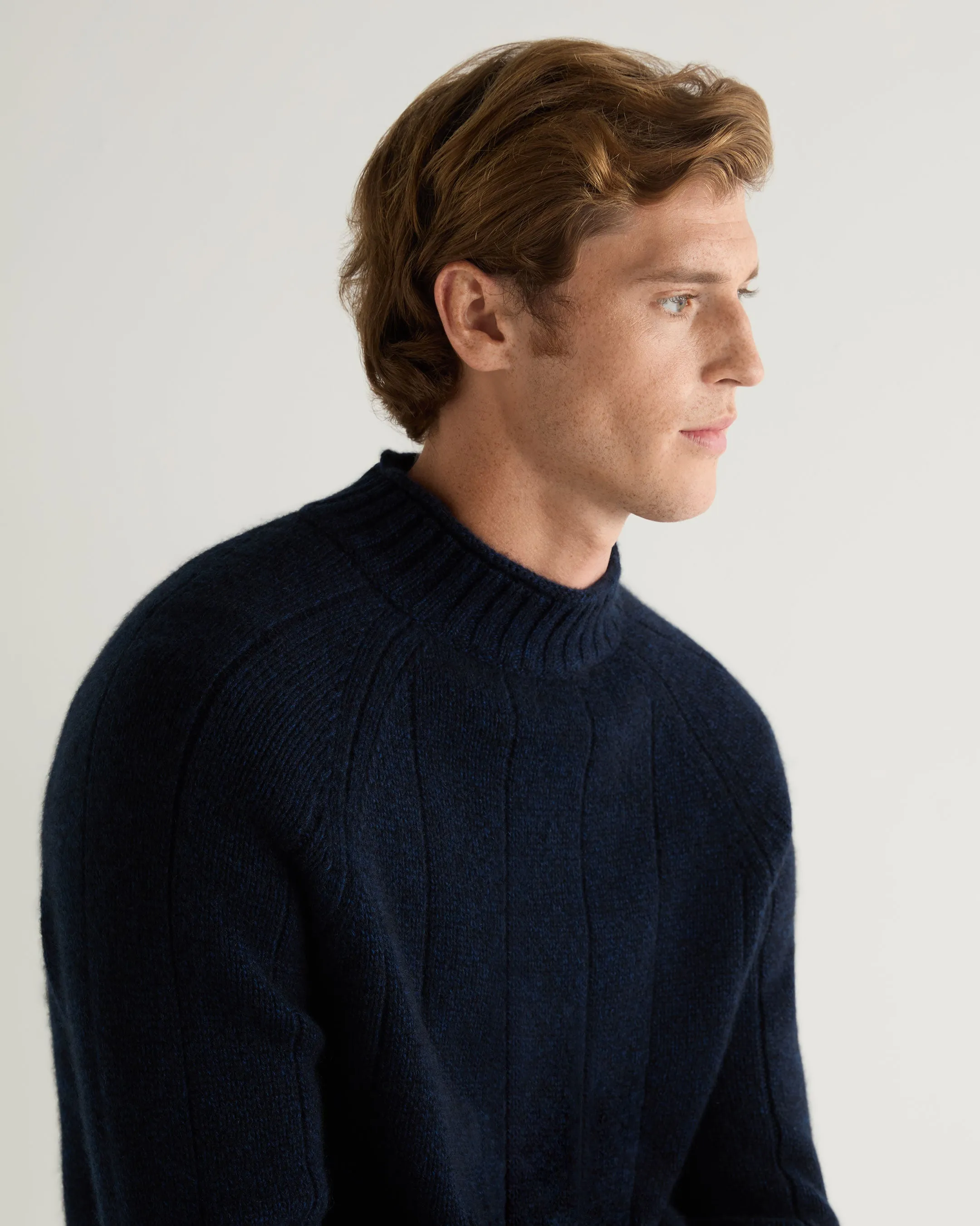 Men's Spitalfields Rib Funnel Neck Cashmere Jumper Navy Blue Melange