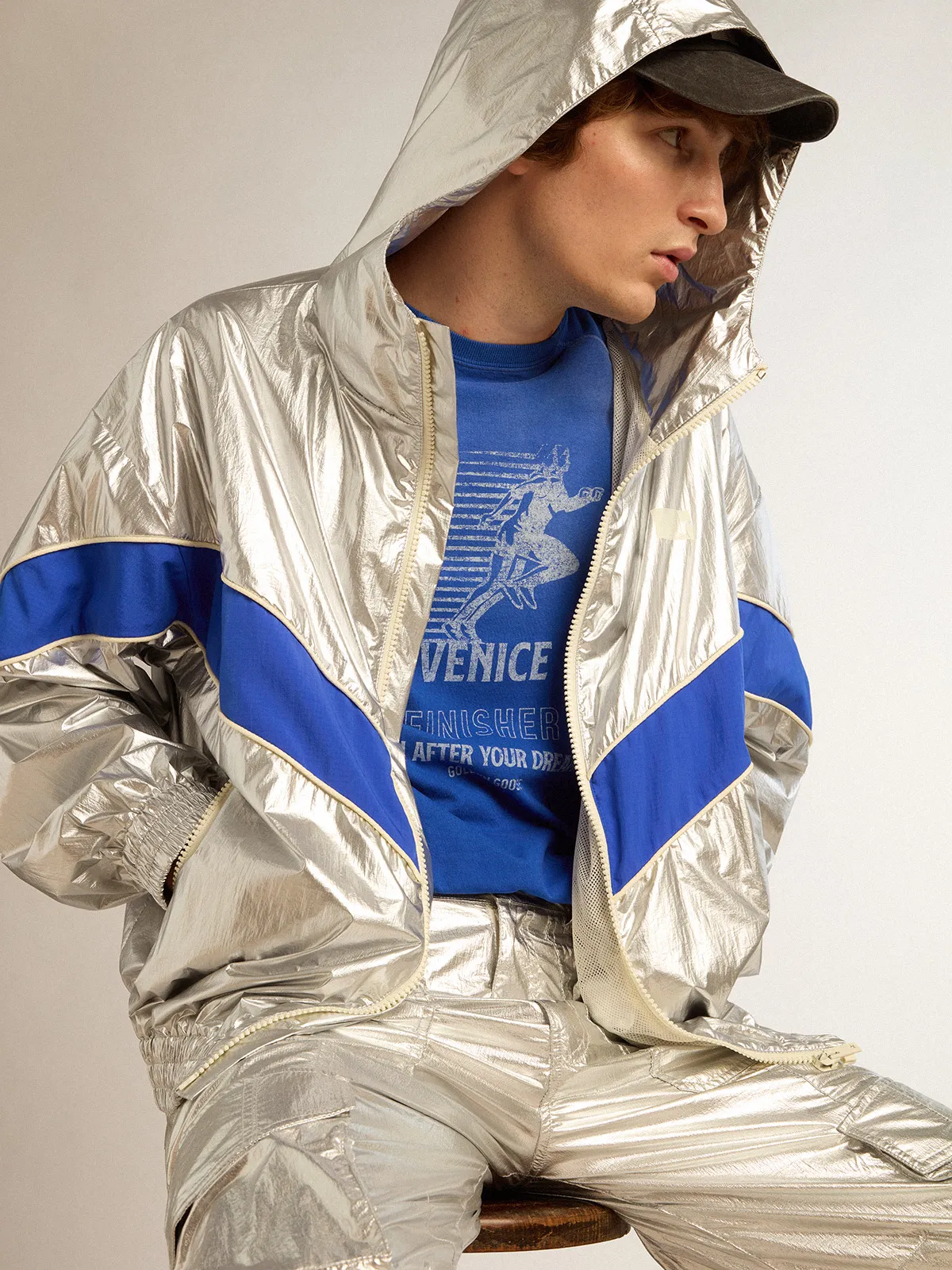 Men's windcheater in silver technical fabric