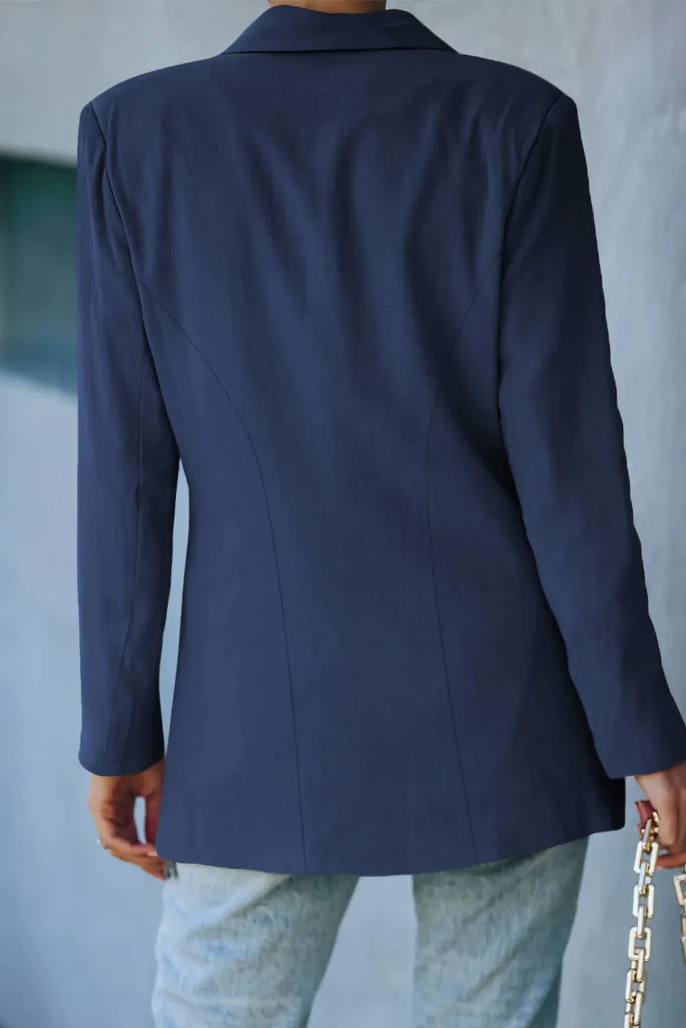 Navy Double-Breasted Padded Shoulder Blazer with Pockets