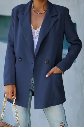 Navy Double-Breasted Padded Shoulder Blazer with Pockets