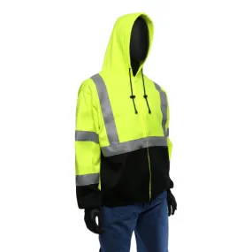 On Sale! Class 3 Hi-Viz Hoodie, Black Bottom Zip-Up Hooded Sweatshirt