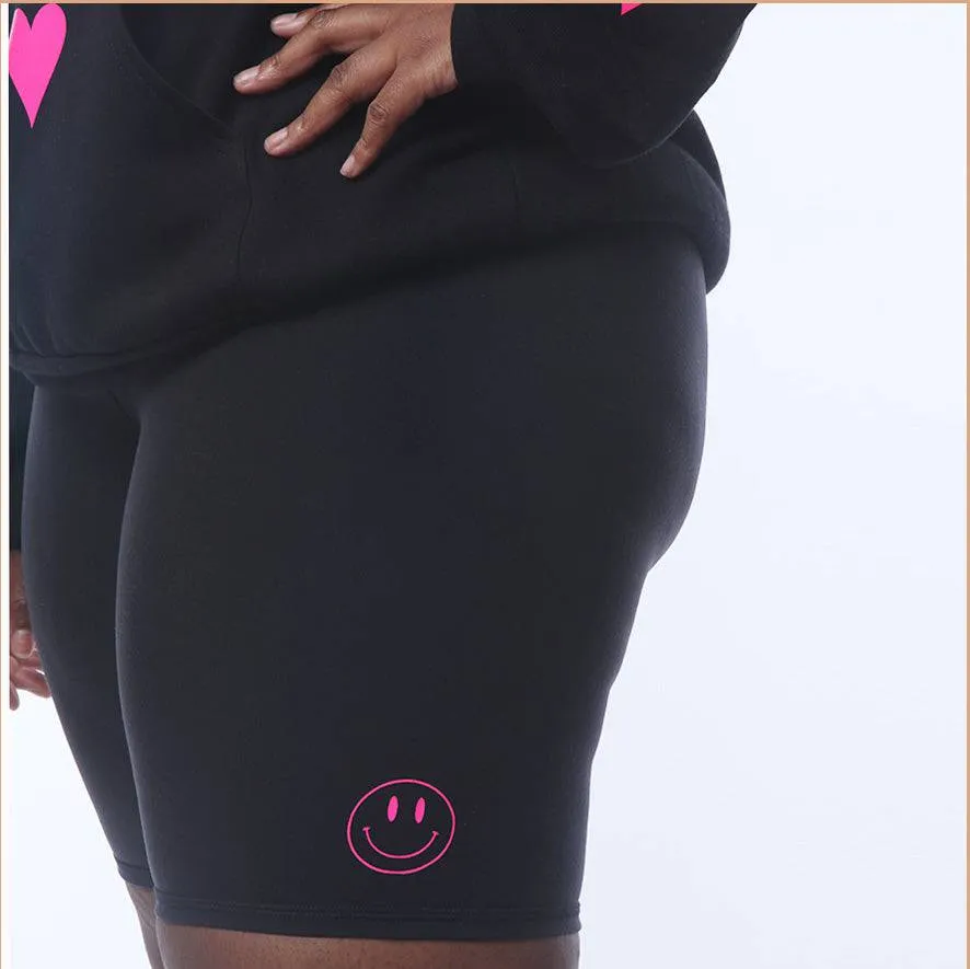 PLUS Size Sofia Black Spandex Biker Shorts - Neon Pink Smile