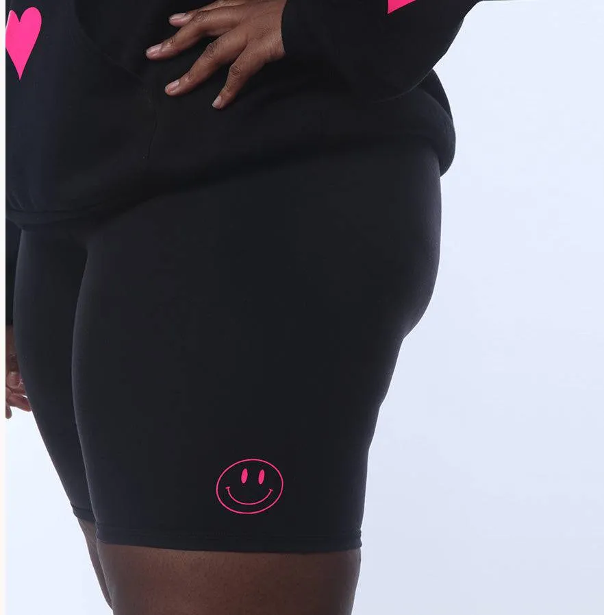 PLUS Size Sofia Black Spandex Biker Shorts - Neon Pink Smile