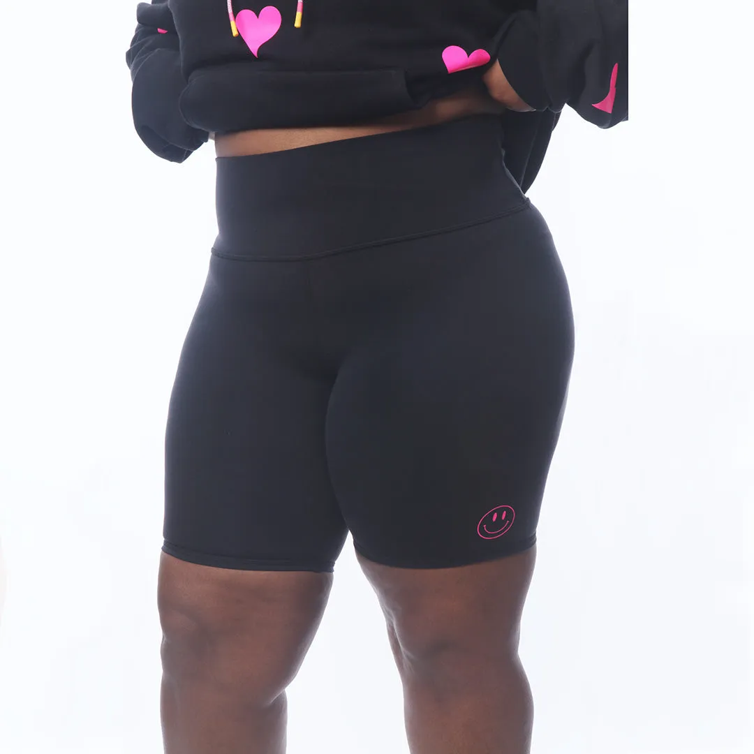 PLUS Size Sofia Black Spandex Biker Shorts - Neon Pink Smile