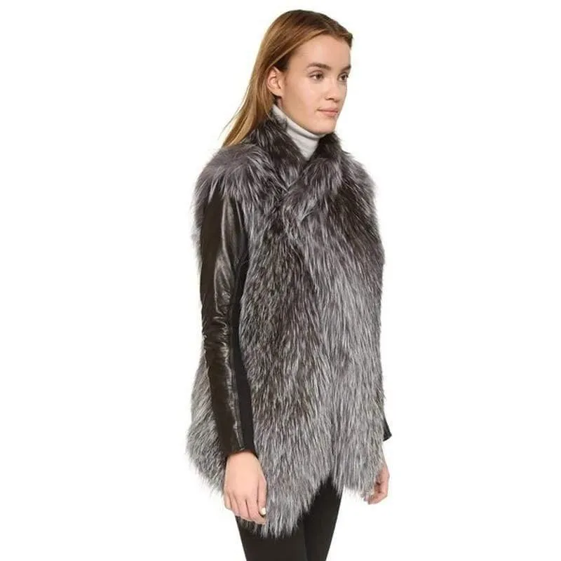 Real Knit Silver Fox Fur Vest With Collar