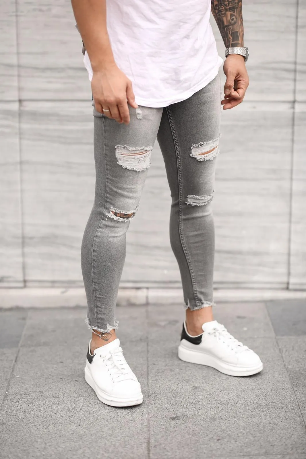 Sneakerjeans Light Gray Skinny Ripped Jeans DP26