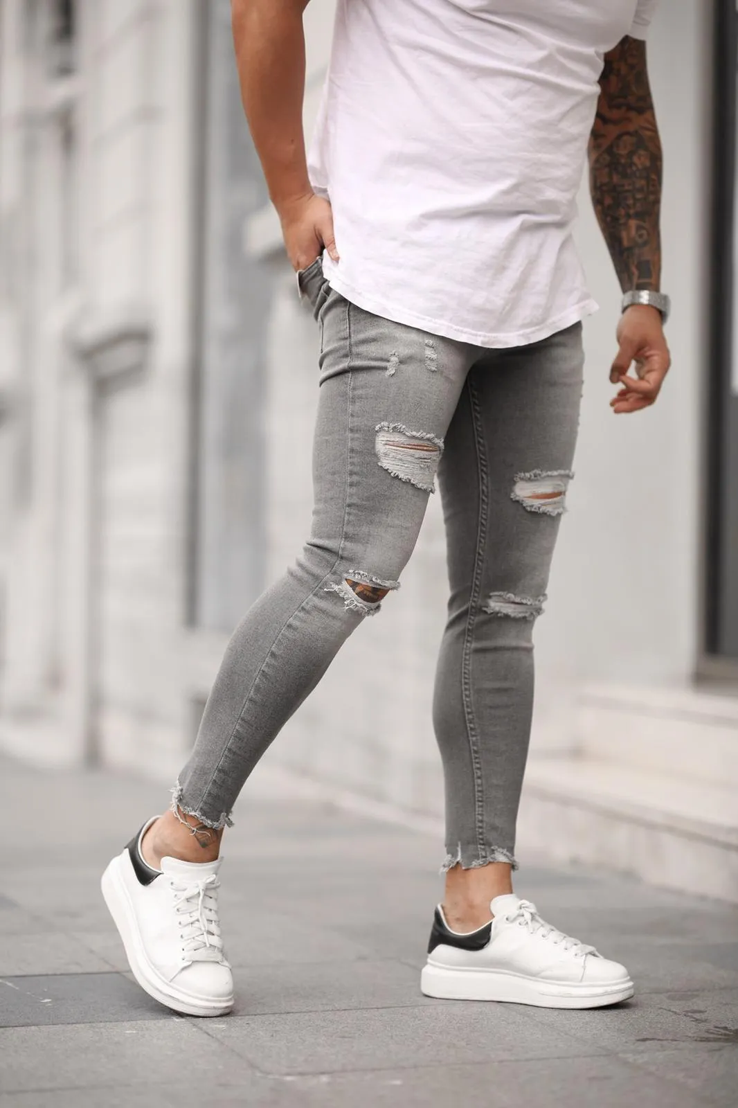 Sneakerjeans Light Gray Skinny Ripped Jeans DP26