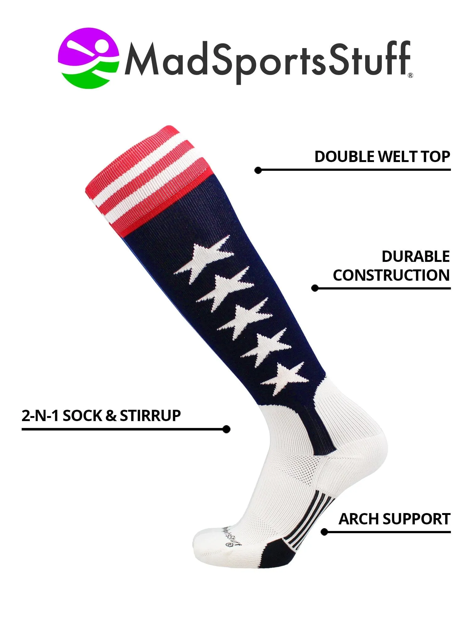 USA Flag Baseball Patriotic Stirrups Socks with Stars and Stripes