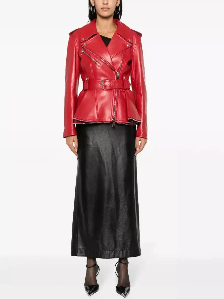 Women’s Belted Red Peplum Leather Biker Jacket