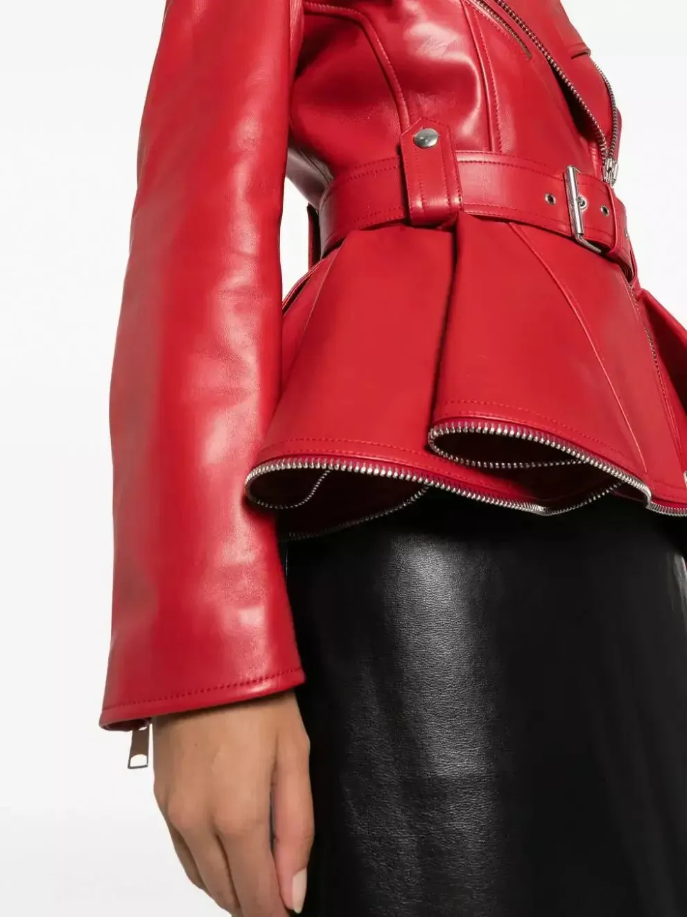 Women’s Belted Red Peplum Leather Biker Jacket