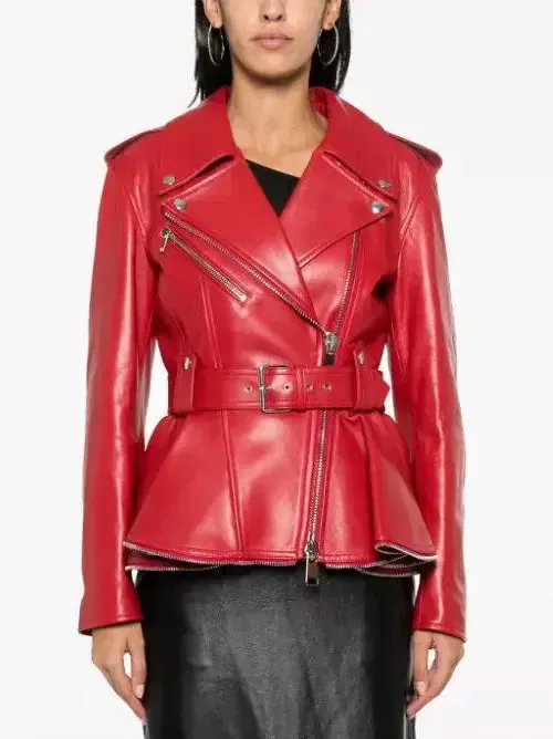 Women’s Belted Red Peplum Leather Biker Jacket