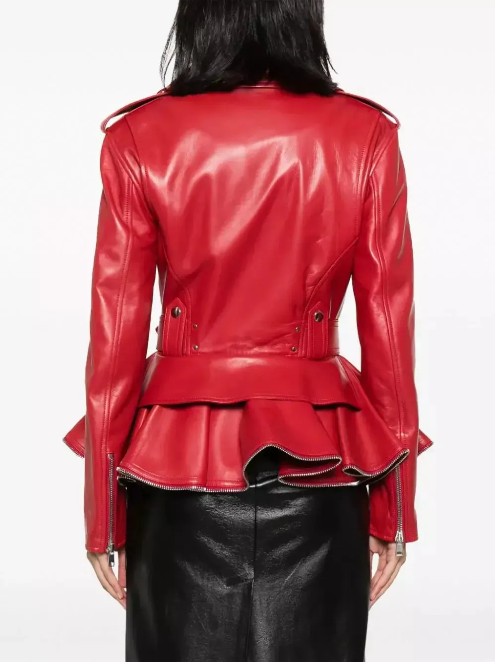 Women’s Belted Red Peplum Leather Biker Jacket