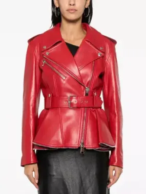 Women’s Belted Red Peplum Leather Biker Jacket